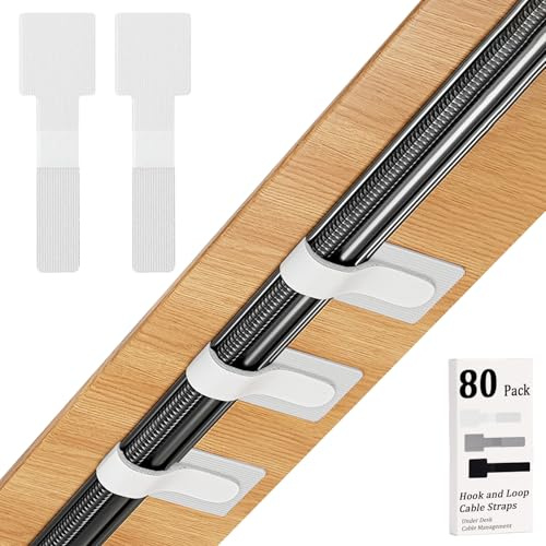 80PCS Hook and Loop Cable Straps, Cable Management Under Desk, Self Adhesive Cable Ties, Reusable Wire Organizers for Cords, Adjustable Cord Organizers for Desk, Home Office Essentials, White