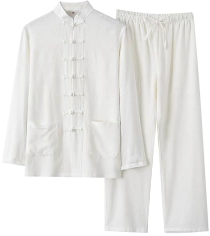 WAZHAKU Traje de lino Ropa de Algodón Zen Meditación Tai Chi Uniforme Hombres Ropa Tradicional China Ropa Kung Fu Ropa Transpirable Tops Artes Marciales Conjunto Tang Traje Manga Corta Pantalones