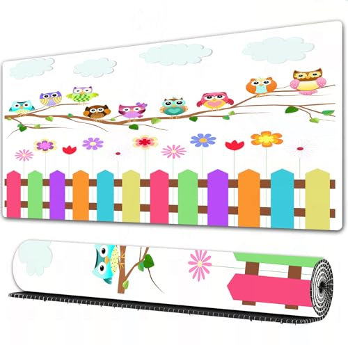 FEHWI Grand Tapis de Souris de Jeu avec Bords surpiqués et Dos antidérapant,sous-Main pour Clavier et Souris,Papier Peint Mural pour Chambre d'enfant avec hiboux colorés Douche de Hibou, mai,90×40 cm