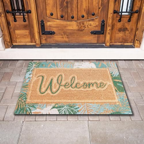 Vapinity Large Embossed Coir Door Mat 45 x 75cm Palm Leaves Print – Natural Coconut Fibre, Front Door Welcome Mat with Non-Slip Backing, Durable Eco-Friendly Dirt Trapper Boot Scraper Outdoor