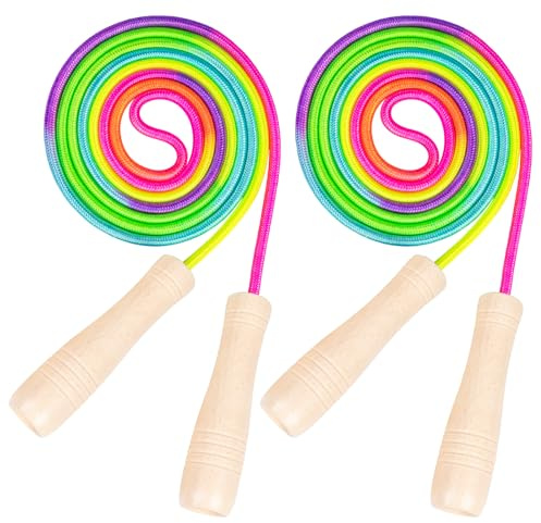 2 cuerdas de saltar para niños, 260 cm, ajustable, con mango de madera y arco iris, cuerda de saltar para quemar grasa y saltar, ejercicio y fitness