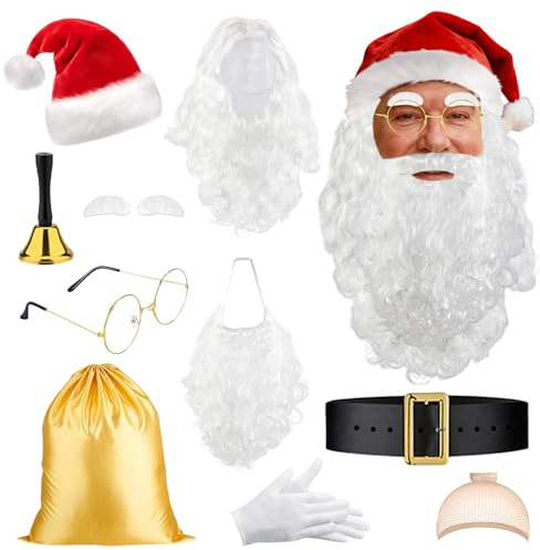 TOYTOPIE Completo Accessori Babbo Natale per Adulti, Parrucca e Barba Bianche Lunghe, Cintura, Cappello Rosso, Borsa Regalli, Campanello, Guanti, Occhiali Dorati e Sopracciglia per Natale