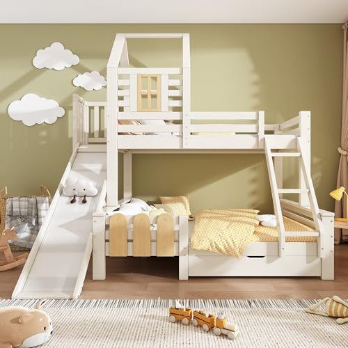 Merax Kinderbett Etagenbett(90x200&140x200) Hochbett Hausbett für 2 Kinder, mit Rutsche, Leiter, Schublade, Lattenrost und Rausfallschutz, Ohne Matratze, Weiß/246x186x230cm