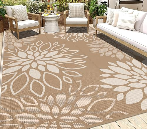 SHACOS Tappeto da Esterno Impermeabile Reversibile, Tappeti Esterno Grande Plastica Leggera, Resistente Ai Raggi UV Tappeto Giardino per Campeggio Camper, Fiori Marrone, 180 X 270 cm