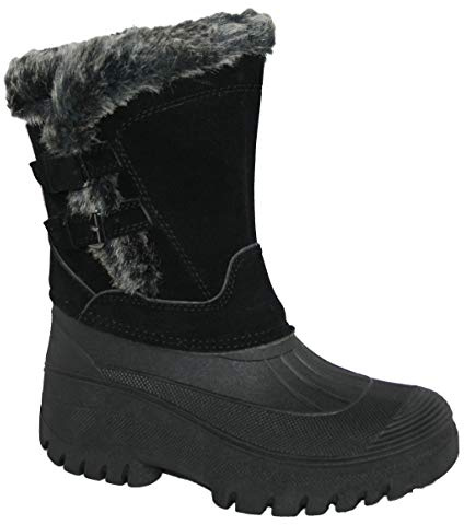 Adults Waterproof Sole Fur Lined Rain Snow Ski Mucker Boots Size 3-8 (UK6, Black LS009)