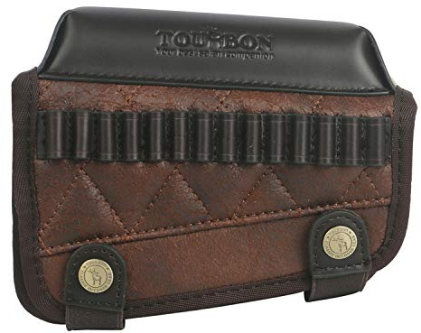 TOURBON Almohadilla de descanso para mejillas con soporte para carcasa de rifle .22, cubierta táctica para pistola, 14 bolsas redondas para municiones, accesorios de caza y tiro (derecha, marrón)