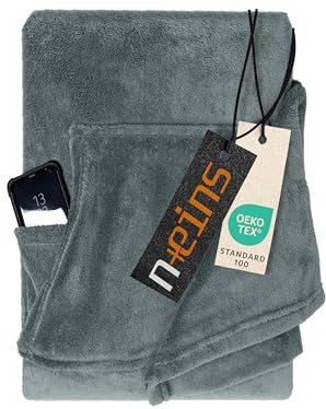 npluseins Decke mit Ärmeln Geschenke für Frauen und Männer 130x180 cm TV Deckenpullover Kuscheldecke das Original mit Ärmel & Bauchtasche 1448.2043, grau