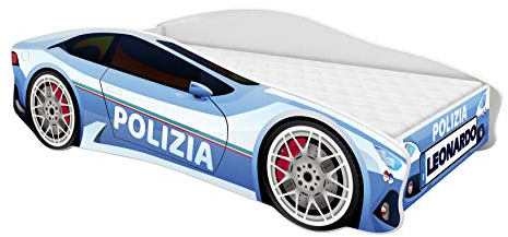 ACMA Letto Junior Auto della Polizia Personalizzato con Nome | Materasso e Rete a Doghe Inclusi, 160x80 cm – Letto Singolo per Cameretta Bambini