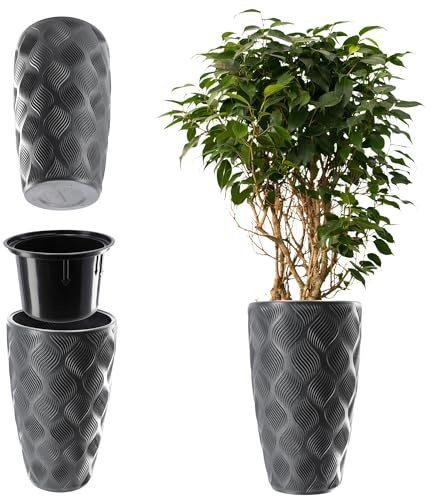 KADAX Blomkruka med insats och handtag, växtkruka av plast i 5 storlekar, UV-resistent kruka, väderbeständig växtvas hög, kruka med 3D-effekt (antracit hög)
