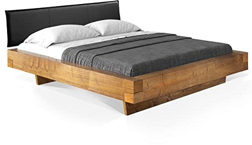 moebel-eins CURBY Balkenbett mit Polster-Kopfteil, Wangenfuß, Material Massivholz, 160 x 220 cm, Vintage, Kunstleder Schwarz