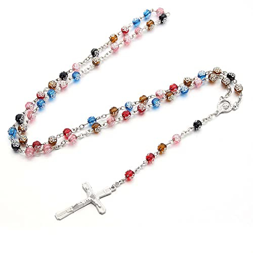Oneroomone Rosenkranz-Halskette, Christliches Retro-Kreuz, Rosary Chain Crucifix, für Geburtstagsgeschenk, Anzieh, Taufe, Party (Silber)
