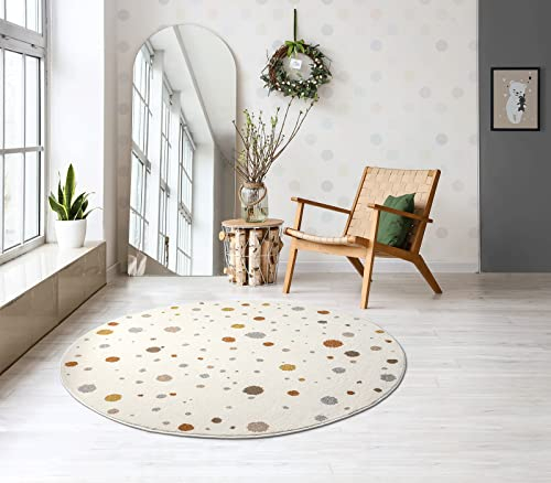 the carpet Beat Kids Moderner Weicher Kinderteppich, Weicher Flor, Pflegeleicht, Farbecht, Punkte Muster, Creme, 160 cm Rund