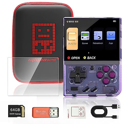MIYOO Mini Plus handhållen spelkonsol med Linux, 3,5 tum IPS HD-skärm, 64G TF-kort 20 000 klassiska spel 3 000 mAh/5 V + spelkit (transparent lila)