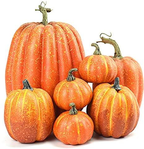 Lucakuins 7Pcs Artificial Pumpkins Fall Decoration Assorted Faux Pumpkin Cute Foam Pumpkins for Home Outside Halloween Decorating (Orange1, One Size)