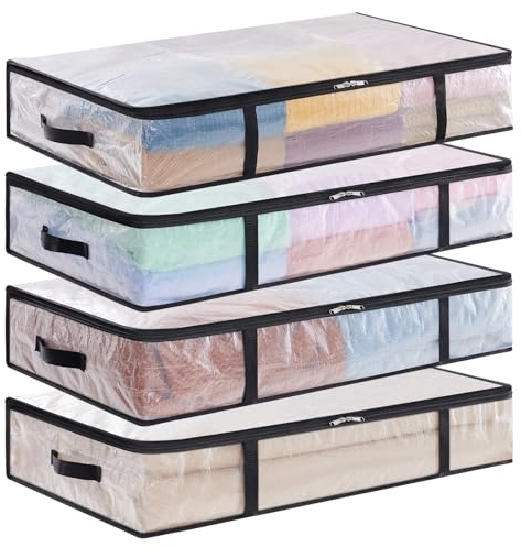 Lifewit 4 Pack Under Bed Storage, 60L Large Clear Plastic Storage Bags, Clothes Storage Boxes Wardrobe Storage Organizer with Reinforced Handle Sturdy PP Fabric for Bedding Clothes Blanket