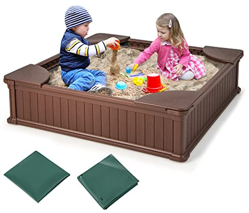 COSTWAY Arenero Infantil Exterior, Caja de Arena Hecha de HDPE con Cubierta de Oxford, Forro de Suelo, 4 Asientos Esquineros, Fácil Montaje, Arenero Niños Exterior en el Patio Playa Césped (Marrón)
