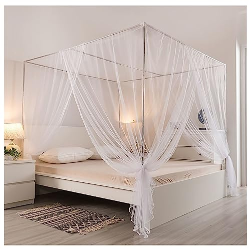 Moustiquaire Cadre de lit à baldaquin pour Chambre à Coucher, Cadre de lit à baldaquin en Acier Inoxydable, poteaux à 4 Coins, Cadre de lit à baldaquin, poteaux avec Rideau, Argent, Support