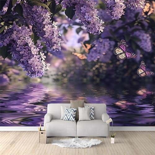 Art Fototapete Lila Blumen und Schmetterlinge 350 x 256 cm - Vlies Tapeten Moderne Wand Dekoration für Wohnzimmer, Schlafzimmer Büro und Flur, Design Wandtapete Design
