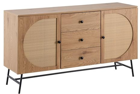 FineBuy Möbel zum Wohlfühlen Sideboard in Eiche Dekor 140 cm Kommode mit 2 Türen & 3 Schubladen aus Wiener Rattan Geflecht Design Braun