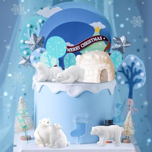 15PCS Decoración de Pastel Oso Polar, LED Cake Topper Oso Polar, Decoración Torta Iglú Cute, Decoraciones para Pasteles de Invierno, Adornos para Pasteles de Cumpleaños