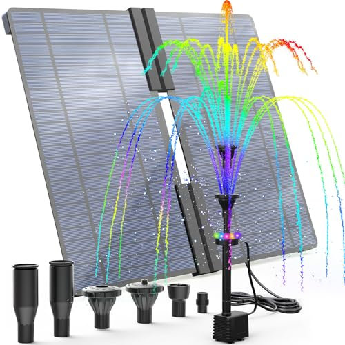 AMZtime 20W Bunte LED Solar Springbrunnen für Außen mit 3*2500mAh Akku,Falten Solar Teichpumpe mit Verstellbarem Ständer Solarbrunnen für Draussen mit 6 Sprüh Effekten für Garten,Teich,DIY Wasserspiel