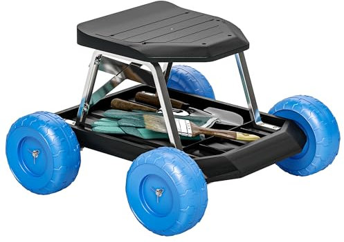 Outsunny Garden Cart with Wheels, Garden Stool Trolley with Tool Tray, Rolling Garden Seat for Weeding, Planting, Blue
