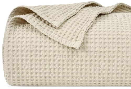 PHF 100% Cotton Waffle Weave Blanket King Size 220 x 240cm, Pre-Washed Lightweight Breathable Throw Blanket, Oeko-TEX Certified for Bed Couch Sofa, Home Decor, Linen/Natural
