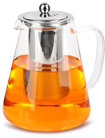 MXTIMWAN Tetera de vidrio de 1,3 litros, resistente al calor, transparente con colador extraíble, para bebidas frías y calientes.