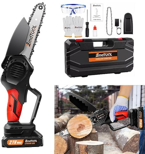 Mini tronçonneuse sans fil 700 W avec 1 batterie 21 V 1,5 Ah et chargeur, 2 chaînes, plaque de guidage, tronçonneuse électrique, tronçonneuse à main, batterie pour sécateur, coupe du bois, orange