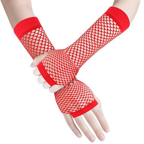 ztowoto 2 par näthandskar fingerlösa, fashionabla fisknätshandskar, stretchiga mesh fingerlösa näthandskar för 80-talet fest cosplay kostymtillbehör, röd, Lang