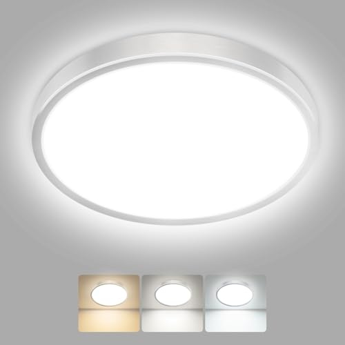 hepside LED Ceiling Light,3000K/4000K/6500K 3 Color Temperature,Waterproof LED Ceiling Lamp, Modern,Round Flush Ceiling Light for Bathroom,Bedroom, Kitchen, HallwayØ29CM(Brushed Nickel)