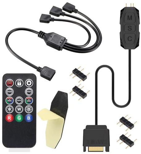 argb Controller con telecomando, controller da 5 V a 3 pin, alimentato da SATA, 14 chiavi per effetti di illuminazione RGB, adatto per ventole e strisce luminose, con cavo splitter da 1 a 3