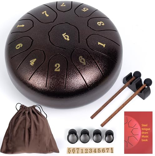 Amkoskr Tambor de lluvia para exterior, 6 pulgadas, 11 notas, tambor de lengua de acero, instrumento principal de acero para yoga, meditación, educación musical, regalo, bronce