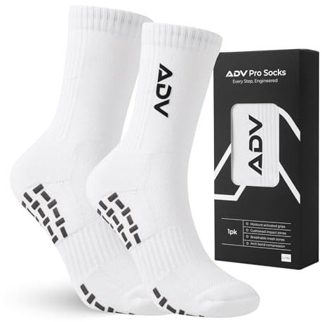 ADV Pro Tennis & Pickleball Socks – Cushioned Performance Training Socks with Microfiber Grip, Anti-Blister Padding & Compression Arch Support for Men & Women (L/XL, White)