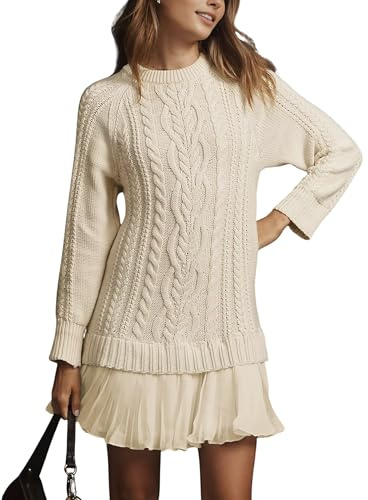 MINSURE Women Cable Knit Sweater Dress Crewneck Long Sleeve Pleated Mini Dress Twofer Style Patchwork Dress(Beige-M)