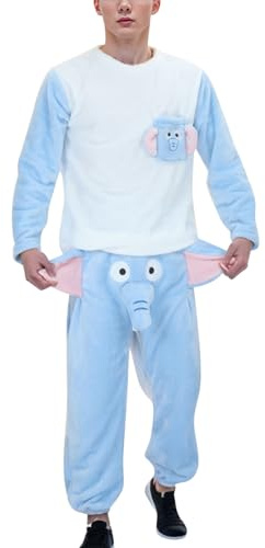Generisch Pijama de elefante para hombre, divertido, 2 piezas, pijama de salón, ropa de cama, unisex, largo, ropa de dormir, diseño de animales, pantalones, traje de casa de manga larga, O azul., L