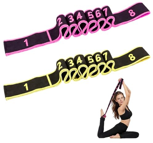 2 Piezas Bandas Elasticas Fitness, Correa de Estiramiento con Bucles, Cinta de Yoga Estiramiento con 8 Anillos, Bandas de Resistencia, Banda Elástica de Gimnasia, Yoga Stretching Band para Fitness