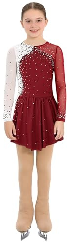 Sinleey Kids Girls Figure Skating Outfit Long Sleeve Dance Dress with Ice Skate Footed Tights Cover The Boots Burgundy 14 Years