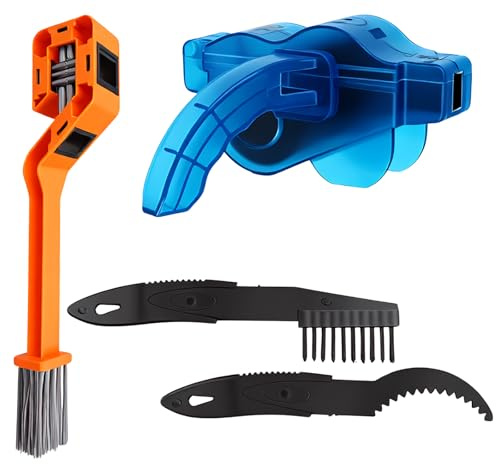 MINGBOLIN Limpiador de Cadena de Bicicleta 4 Piezas para MTB y Moto | Limpiador de cadena, cepillos y raspador; PC resistente, limpieza sin desmontar, para bicicleta de carretera, MTB y moto
