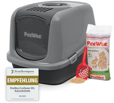 Katzentoilette XXL PeeWee EcoDome Katzenklo mit Haube Katzen WC geschlossen inkl. 3kg Streu Holzpellets, Farbe:Grau