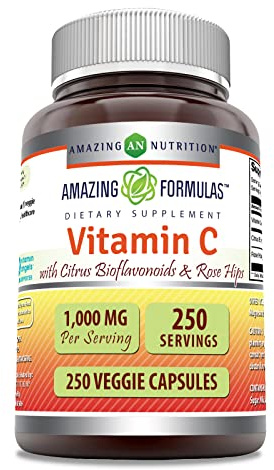 Amazing Formulas Vitamin C with Rose Hips & Citrus Bioflavonoids | 1000 Mg per Serving Supplement | 250 Veggie Capsules | Non-GMO | Gluten-Free | Made in USA