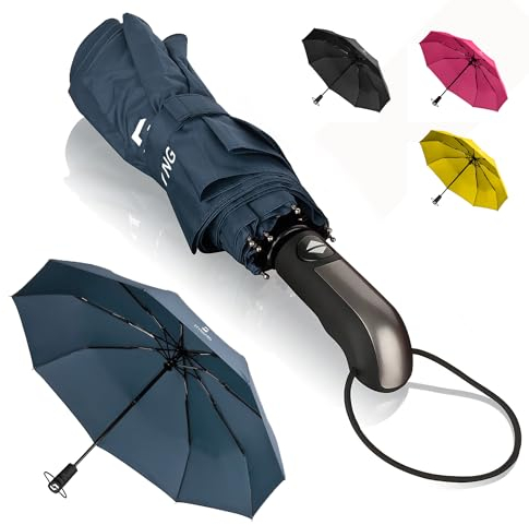 STYNGARD Regenschirm sturmfest bis 140 km/h - Taschenschirm mit Auf-zu-Automatik und zertifizierter Teflon-Beschichtung gegen Feuchtigkeitsschäden - langer Griff - Modell TRONDHEIM (Blau)