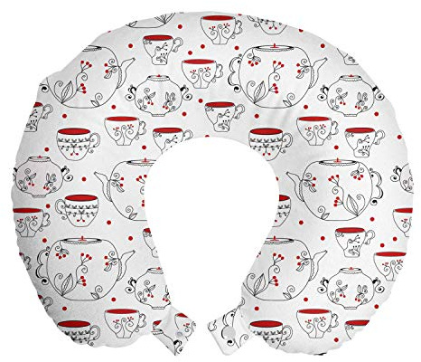 Ambesonne Tea Party Travel Pillow Neck Rest, Doodle Style Crockery Illustration of Floral Patterned Kettles and Cups, Memory Foam Traveling Accessory for Airplane and Car, 12, Red Black White