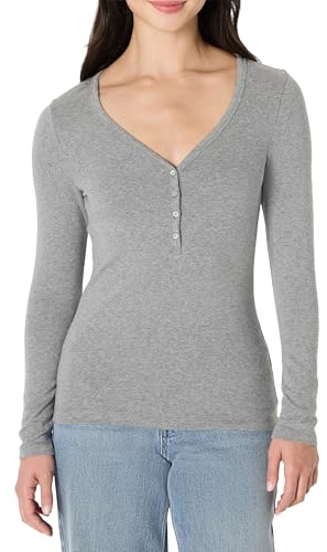 Amazon Essentials Women's Ribbed Knit Long-Sleeved Henley Slim Fit T-Shirt, Grey Heather, L