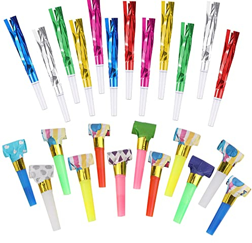24PCS Party Noisemakers Set in 2 Styles, Funny Paper Blowouts Blowers, Colorful Glitter Fringed Metal Blowouts, Fiesta Decorations Party Favors Supplies for New Year Birthday Kids Party