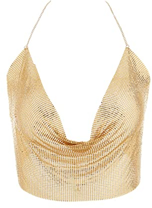 IYOU Sparkly Metal Body Chain Gold Sequin Vest Crop Tops Deep V Chain Halter Backless Top Nightclub Party Body Harness Accessories for Women