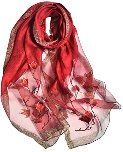 AIEOE Femme Foulard en Soie Brodé Floral Grande Echarpe Respirante Elégante Châle Long Ultra-Léger Rouge