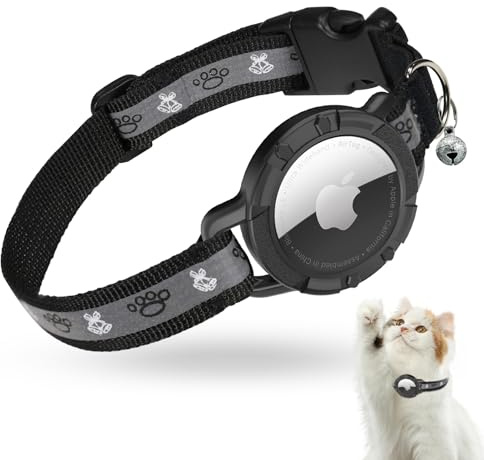 Reflective Airtag Cat Collar, JIARUI Integrated Apple Airtag Cat Collar, GPS Cat Tracker Collar with Airtag Holder and Bell, Lightweight Cat Tracker Collar for Kittens and Puppies (Black, S(9-13))