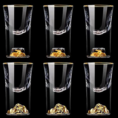 6 Pcs Vasos de chupito cristal shot glasses set creativos de vodka con Goldberg y lámina dorada en la base para fiestas, ideal para grappa, coñac, vodka, grano, apto para lavavajillas