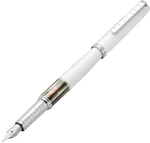 Xezo Speed Master Stylo plume, plume extra fine. Couleur blanc mat avec nacre noire de Tahiti. Plaqué chrome. Corps en laiton léger. Chaque pièce unique